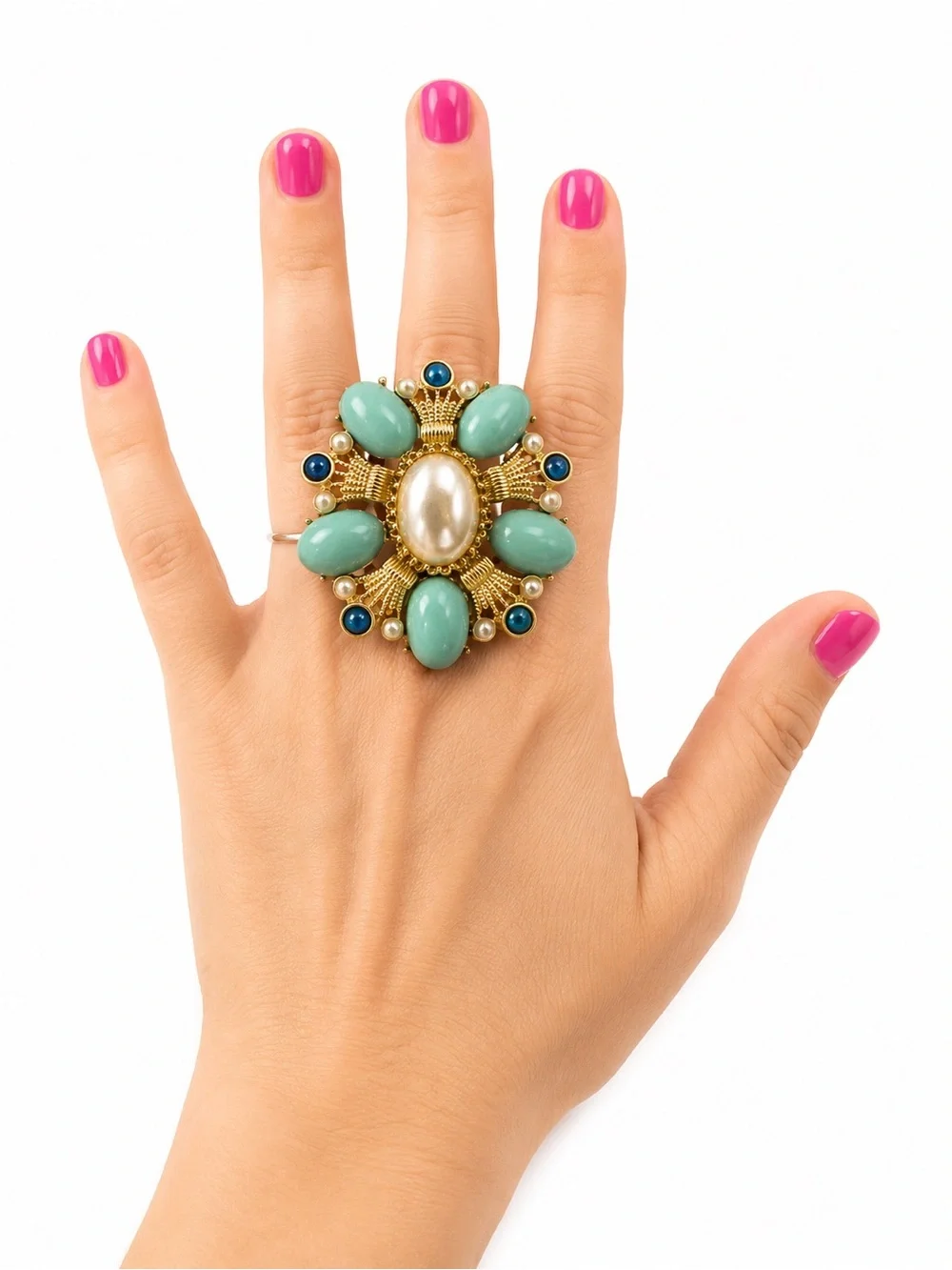 NWT. Adjustable Statement Ring –‎ Faux Pearl, Turquoise Blue Cabochon Gold Tone